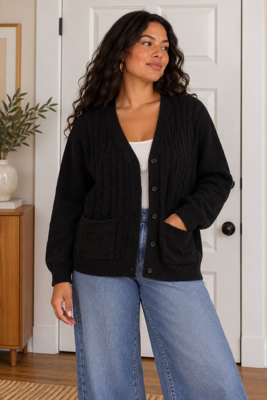 Vintage Rafaella Lambswool Angora Cable Knit Cardigan 2X Black Oversized ✨